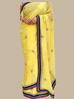 Yellow Saree Velvet Border Gold Embroidered Party Wear indian wedding haldi
